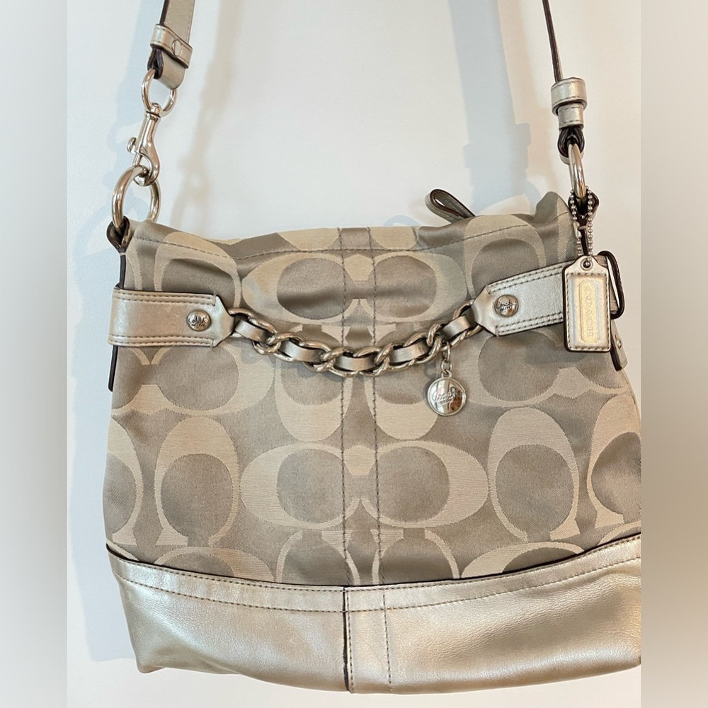 Coach Crossbody, silver with silver leather detailing, 12H x 10L x 3W, GUC!